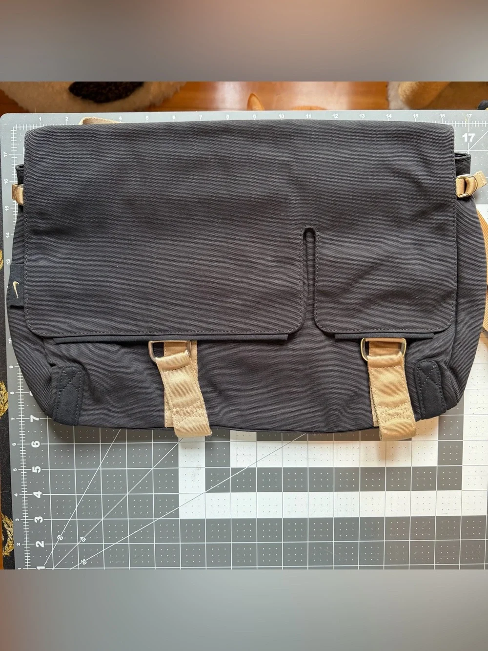 Nike Black Canvas Messenger Bag with Tan Straps